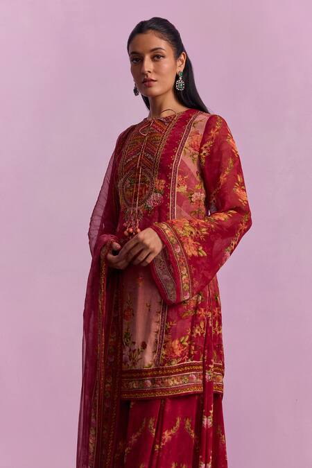 Shop Kalista Red Viscose, Georgette Sequins, Beads Anaisha Garden Print Kurta Sharara Set Online at Aza Fashions Shop_Kalista_Red Viscose, Georgette Sequins, Beads Anaisha Garden Print Kurta Sharara Set _Online_at_Aza_Fashions