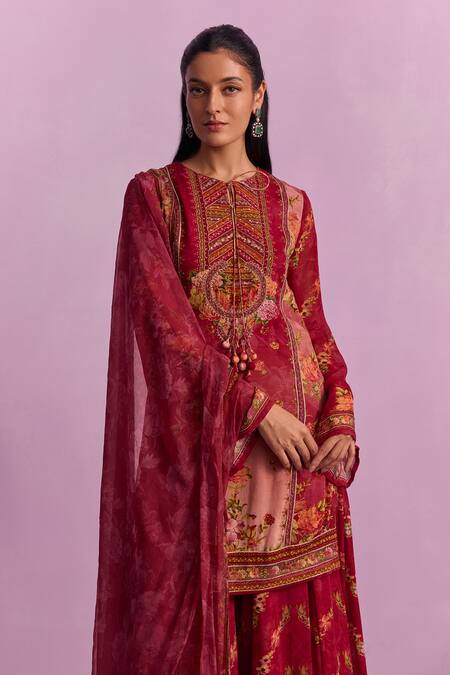 Kalista Red Viscose, Georgette Sequins, Beads Anaisha Garden Print Kurta Sharara Set at Aza Fashions Kalista_Red Viscose, Georgette Sequins, Beads Anaisha Garden Print Kurta Sharara Set _at_Aza_Fashions