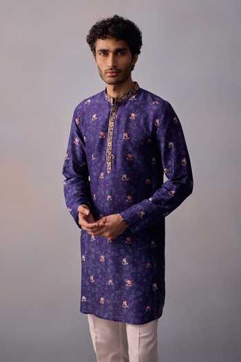 Buy_Kalista_Blue Chanderi, Twill Sequins, Beads Mihir Floral Print Kurta And Pant Set _Online_at_Aza_Fashions