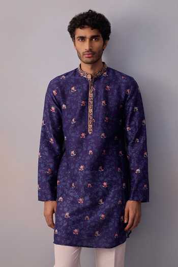 Kalista_Blue Chanderi, Twill Sequins, Beads Mihir Floral Print Kurta And Pant Set _at_Aza_Fashions