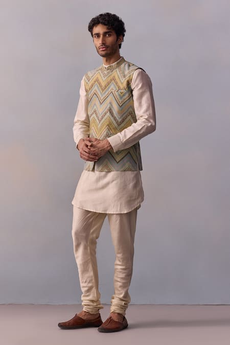 Kalista Cream Chanderi, Viscose Embroidery Green Printed Kurta Set With Bundi Online at Aza Fashions Kalista_Cream Chanderi, Viscose Embroidery Green Printed Kurta Set With Bundi _Online_at_Aza_Fashions