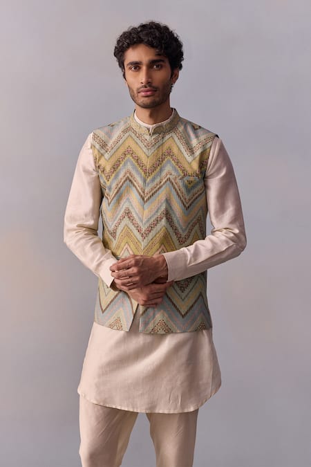 Buy Kalista Cream Chanderi, Viscose Embroidery Green Printed Kurta Set With Bundi Online at Aza Fashions Buy_Kalista_Cream Chanderi, Viscose Embroidery Green Printed Kurta Set With Bundi _Online_at_Aza_Fashions