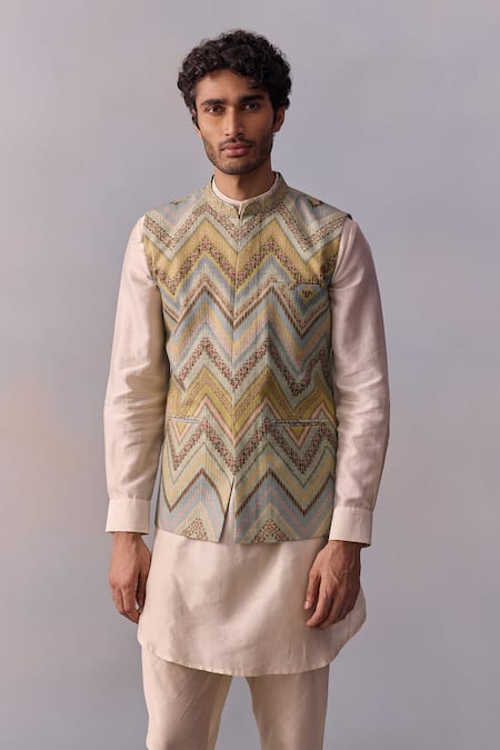 Shop Kalista Cream Chanderi, Viscose Embroidery Green Printed Kurta Set With Bundi Online at Aza Fashions Shop_Kalista_Cream Chanderi, Viscose Embroidery Green Printed Kurta Set With Bundi _Online_at_Aza_Fashions