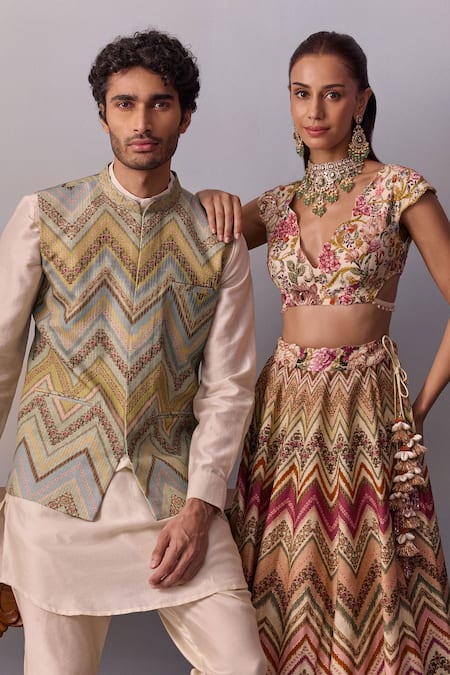 Kalista Cream Chanderi, Viscose Embroidery Green Printed Kurta Set With Bundi at Aza Fashions Kalista_Cream Chanderi, Viscose Embroidery Green Printed Kurta Set With Bundi _at_Aza_Fashions