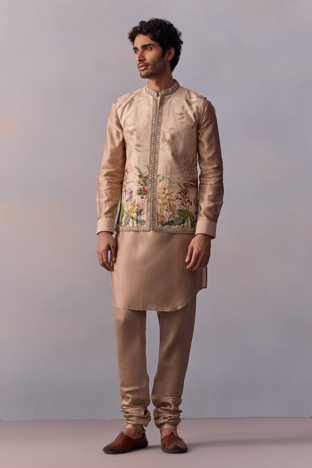 Kalista Brown Chanderi, Viscose, Silk Sequins, Beads Fawn Printed Kurta Set With Bundi Online at Aza Fashions Kalista_Brown Chanderi, Viscose, Silk Sequins, Beads Fawn Printed Kurta Set With Bundi _Online_at_Aza_Fashions