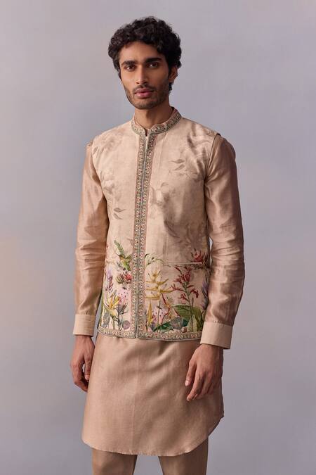 Buy Kalista Brown Chanderi, Viscose, Silk Sequins, Beads Fawn Printed Kurta Set With Bundi Online at Aza Fashions Buy_Kalista_Brown Chanderi, Viscose, Silk Sequins, Beads Fawn Printed Kurta Set With Bundi _Online_at_Aza_Fashions