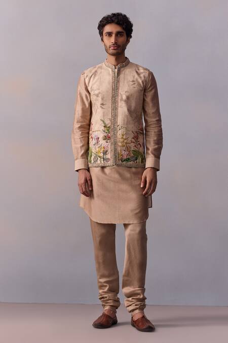 Kalista Brown Chanderi, Viscose, Silk Sequins, Beads Fawn Printed Kurta Set With Bundi at Aza Fashions Kalista_Brown Chanderi, Viscose, Silk Sequins, Beads Fawn Printed Kurta Set With Bundi _at_Aza_Fashions