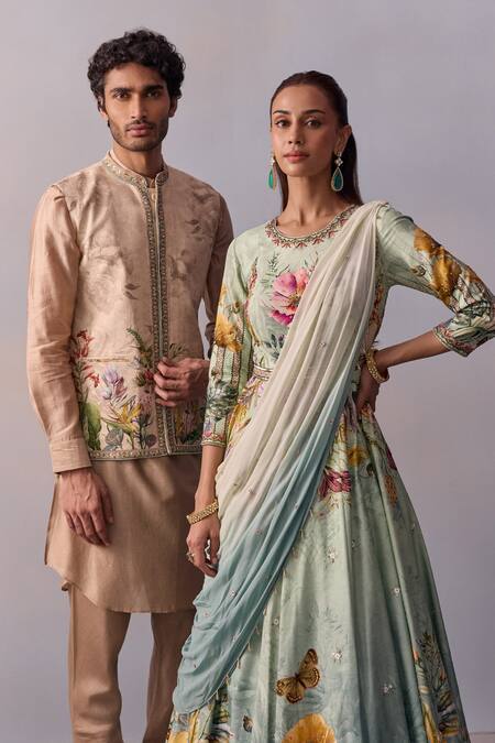 Buy Kalista Brown Chanderi, Viscose, Silk Sequins, Beads Fawn Printed Kurta Set With Bundi Buy_Kalista_Brown Chanderi, Viscose, Silk Sequins, Beads Fawn Printed Kurta Set With Bundi