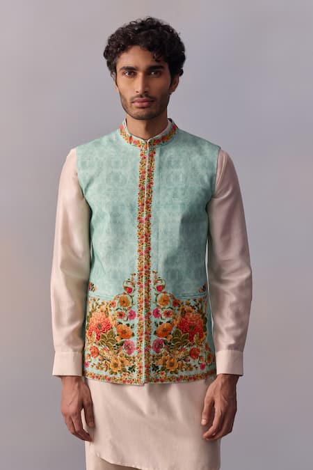 Buy Kalista Blue Viscose, Silk, Chanderi Embroidery Vintage Floral Bundi Kurta Set Online at Aza Fashions Buy_Kalista_Blue Viscose, Silk, Chanderi Embroidery Vintage Floral Bundi Kurta Set _Online_at_Aza_Fashions