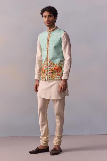 Kalista Blue Viscose, Silk, Chanderi Embroidery Vintage Floral Bundi Kurta Set at Aza Fashions Kalista_Blue Viscose, Silk, Chanderi Embroidery Vintage Floral Bundi Kurta Set _at_Aza_Fashions