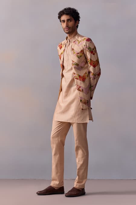 Shop_Kalista_Ivory Chanderi, Viscose, Silk, Twill Embroidery Ojas Kurta Jacket Set _Online_at_Aza_Fashions