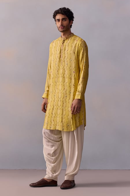 Kalista_Yellow Viscose, Twill Embroidery Eshan Geometric Print Kurta With Pathani Pant _Online_at_Aza_Fashions