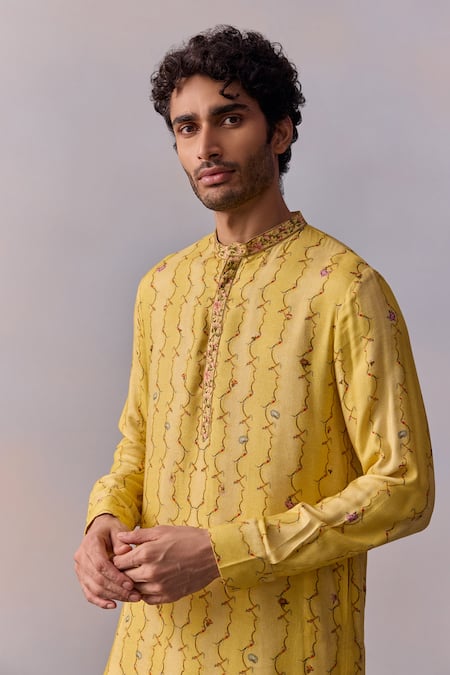 Buy_Kalista_Yellow Viscose, Twill Embroidery Eshan Geometric Print Kurta With Pathani Pant _Online_at_Aza_Fashions