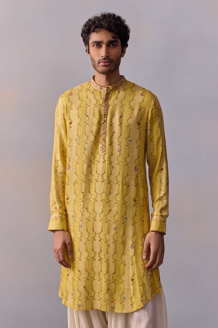 Shop_Kalista_Yellow Viscose, Twill Embroidery Eshan Geometric Print Kurta With Pathani Pant _Online_at_Aza_Fashions