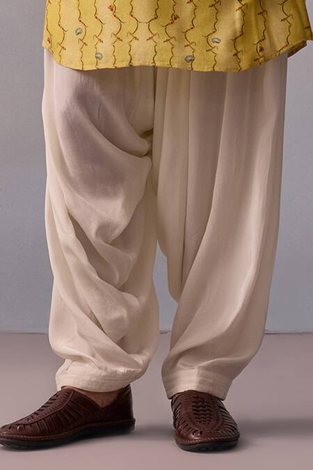 Kalista_Yellow Viscose, Twill Embroidery Eshan Geometric Print Kurta With Pathani Pant _at_Aza_Fashions