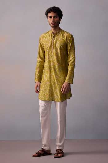 Kalista_Green Chanderi, Twill Sequins Mihir Floral Print Kurta With Pant _Online_at_Aza_Fashions