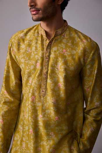 Buy_Kalista_Green Chanderi, Twill Sequins Mihir Floral Print Kurta With Pant _Online_at_Aza_Fashions