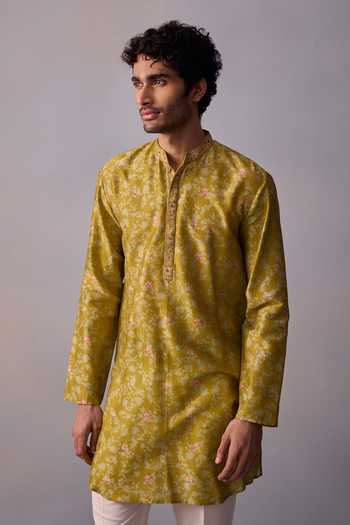 Shop_Kalista_Green Chanderi, Twill Sequins Mihir Floral Print Kurta With Pant _Online_at_Aza_Fashions