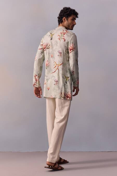 Shop_Kalista_Grey Viscose, Twill Embroidery Nasir Nature Print Kurta With Pant _at_Aza_Fashions