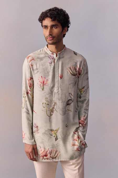 Kalista_Grey Viscose, Twill Embroidery Nasir Nature Print Kurta With Pant _Online_at_Aza_Fashions