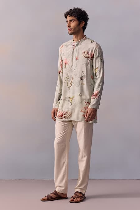 Kalista_Grey Viscose, Twill Embroidery Nasir Nature Print Kurta With Pant _at_Aza_Fashions