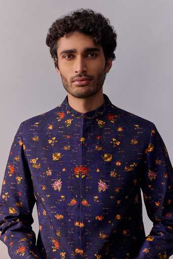 Kalista_Purple Viscose, Chanderi, Twill Embroidery Vintage Floral Print Achkan Set _Online_at_Aza_Fashions