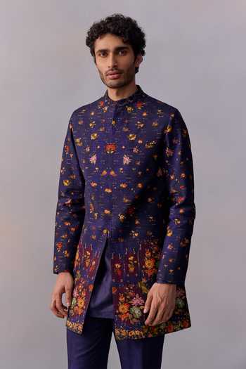 Buy_Kalista_Purple Viscose, Chanderi, Twill Embroidery Vintage Floral Print Achkan Set _Online_at_Aza_Fashions