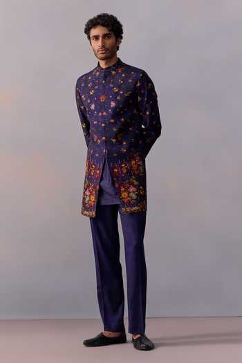 Shop_Kalista_Purple Viscose, Chanderi, Twill Embroidery Vintage Floral Print Achkan Set _Online_at_Aza_Fashions