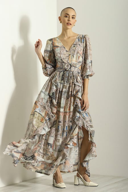 RANNA GILL Constantza Ruffled Asymmetric Maxi Dress 