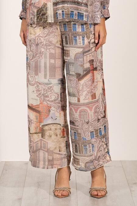 RANNA GILL_Beige Viscose, Georgette Sequins Collared Allegra Pleated Top And Pant Set_Online_at_Aza_Fashions