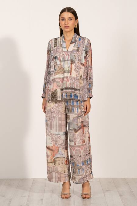 Buy_RANNA GILL_Beige Viscose, Georgette Sequins Collared Allegra Pleated Top And Pant Set_Online_at_Aza_Fashions