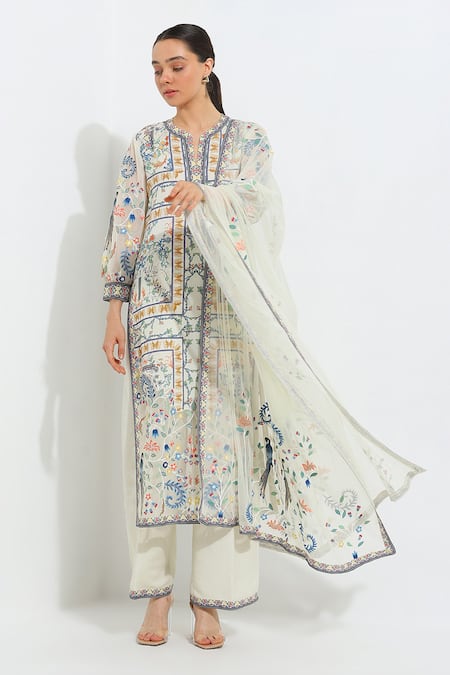 RANNA GILL Viviana Jay Print Embroidered Tunic Pant Set 