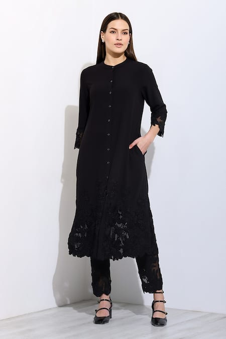 RANNA GILL Black Crepe Blend Embroidered Floral Lace Mandarin Zella Work Tunic And Pant Set 