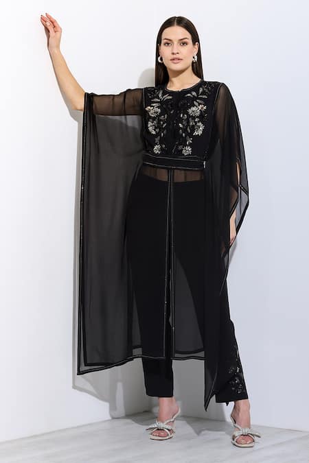 RANNA GILL Black Crepe Blend Embroidered Round Della Kaftan And Pant Set 