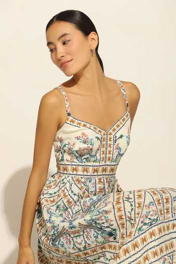 RANNA GILL_Multi Color Linen Sweetheart Neck Alvie Jay Bird Print Tiered Dress_Online_at_Aza_Fashions