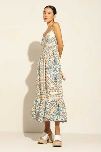 Buy_RANNA GILL_Multi Color Linen Sweetheart Neck Alvie Jay Bird Print Tiered Dress_Online_at_Aza_Fashions