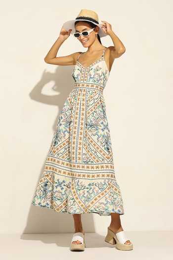 Shop_RANNA GILL_Multi Color Linen Sweetheart Neck Alvie Jay Bird Print Tiered Dress_Online_at_Aza_Fashions