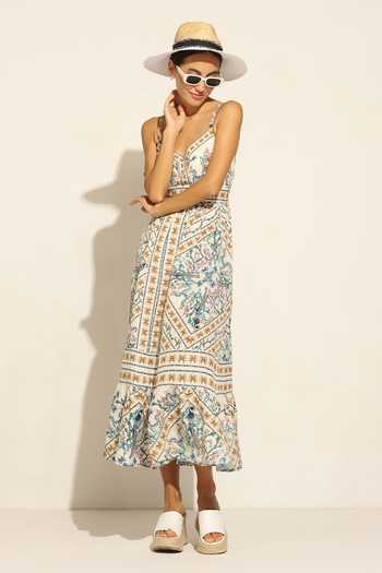 RANNA GILL_Multi Color Linen Sweetheart Neck Alvie Jay Bird Print Tiered Dress_at_Aza_Fashions