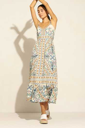 Buy_RANNA GILL_Multi Color Linen Sweetheart Neck Alvie Jay Bird Print Tiered Dress