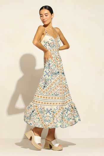 Shop_RANNA GILL_Multi Color Linen Sweetheart Neck Alvie Jay Bird Print Tiered Dress