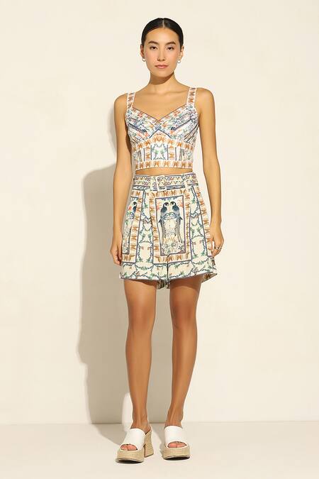 Ranna Gill_Multi Color Linen Sweetheart Neck Taryn Printed Ruched Bustier _Online_at_Aza_Fashions