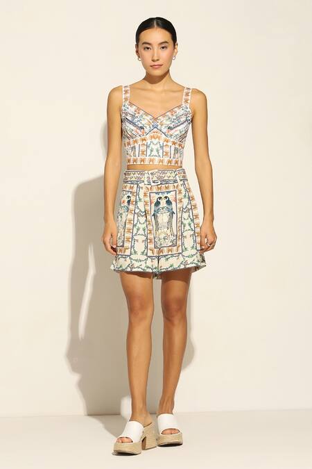 Shop_Ranna Gill_Multi Color Linen Sweetheart Neck Taryn Printed Ruched Bustier 