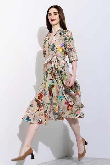 Buy Beige Linen Embroidery V-neck Paola Montana Print Dress For Women by  RANNA GILL Online at Aza Fashions.