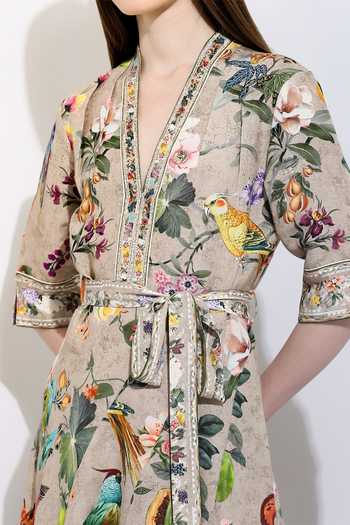 Buy Beige Linen Embroidery V-neck Paola Montana Print Dress For Women by  RANNA GILL Online at Aza Fashions.