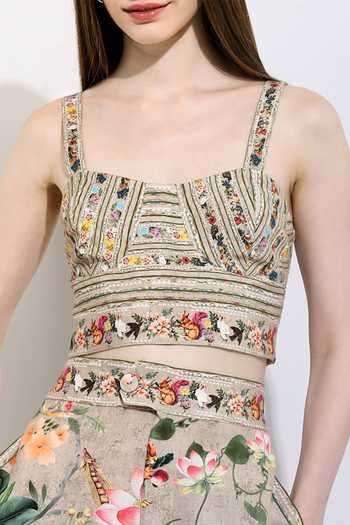 RANNA GILL Beige Linen Sweetheart Neck Lia Montana Print Bustier Online at Aza Fashions RANNA GILL_Beige Linen Sweetheart Neck Lia Montana Print Bustier_Online_at_Aza_Fashions