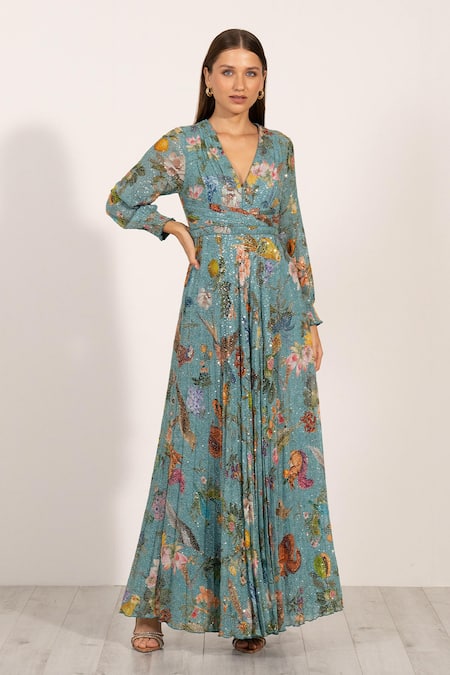 RANNA GILL Blue Viscose Georgette Printed Montana Plunge V Neck Dulce Pleated Dress 