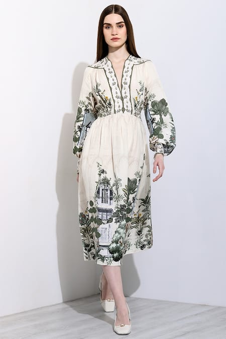 RANNA GILL Ivory Linen Blend Printed Windows Of The World V Neck Rebecca Dress 