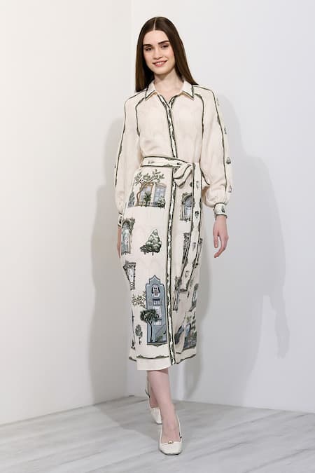 RANNA GILL Ivory Linen Blend Printed Windows Of The World Collar Francesca Dress 