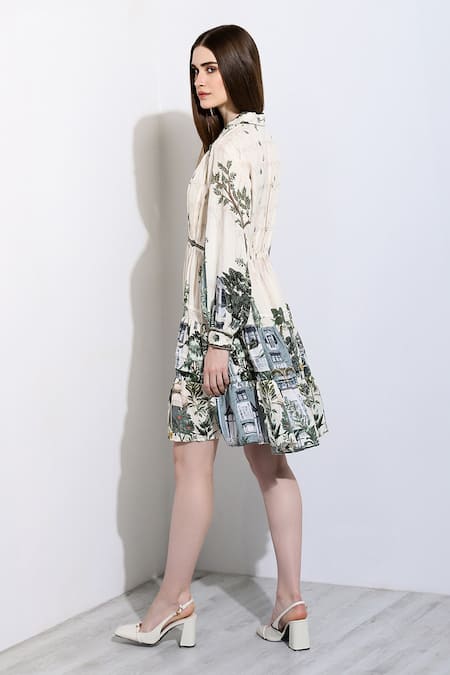 Shop_RANNA GILL_Ivory Linen V-neck Angelina Windows Print Dress _at_Aza_Fashions