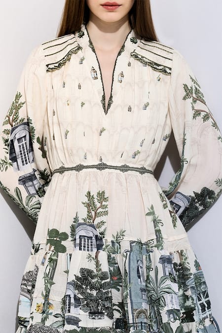 RANNA GILL_Ivory Linen V-neck Angelina Windows Print Dress _Online_at_Aza_Fashions